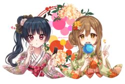  2girls alternate_hairstyle bad_id bad_twitter_id bbunny blue_hair blush bow brown_eyes brown_hair candy_apple chocolate_banana commentary_request finger_to_own_chin floral_print flower food hair_between_eyes hair_bun hair_flower hair_ornament hair_up hairbow hairclip heart japanese_clothes kimono korean_commentary kunikida_hanamaru looking_at_viewer love_live! love_live!_sunshine!! multiple_girls obi purple_eyes sash side_ponytail single_hair_bun single_side_bun tsushima_yoshiko twitter_username upper_body v wide_sleeves yukata 