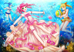  3girls air_bubble animal_ears ankle_ribbon anklet armlet ball barefoot beachball bikini blonde_hair blue_eyes blue_hair bracelet bridal_garter bubble cat_ears clam commentary_request coral coral_reef dress feet fish flower freediving green_eyes jellyfish jewelry leg_ribbon manta_ray marin_(umi_monogatari) multiple_girls naomi_(fantasia) ocean outstretched_arms petals photoshop_(medium) pink_hair pink_sarong ponytail ribbon sarong see-through see-through_sarong skirt smile soles spread_arms swimming swimsuit umi_monogatari underwater urin_(umi_monogatari) warin water yellow_eyes 