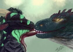  2015 anthro black_body black_scales bust_portrait closed_eyes detailed digital_media_(artwork) dragon duo feral french_kissing green_body green_eyes green_scales hair hi_res horn kissing licking long_tongue male male/male mane multicolored_body multicolored_scales mythological_creature mythological_scalie mythology portrait scales scalie scritt scritt_(character) simple_background smile spikes stripes teeth tongue tongue_out two_tone_body two_tone_scales white_body white_scales yellow_eyes 