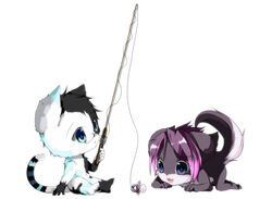  2010 anthro canid canine canis chibi domestic_cat duo eyewear felid feline felis fishing glasses holding_object kioa male mammal pacifier raised_tail simple_background skylar_wing tail white_background wolf young young_anthro zander_oro 