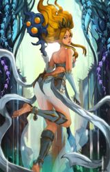  armor ass back bare_shoulders barefoot blonde_hair blue_eyes breasts bustier elbow_gloves female floating_hair from_behind gloves greaves hairband janna_(league_of_legends) large_breasts league_of_legends lips long_hair looking_back neo-tk.. nose pointy_ears ribbon see-through soles solo staff toes white_gloves 