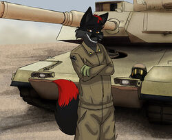  armor avoid_posting canid canine canis clothed clothing colored crossed_arms desert ear_tuft fur furries_did_iraq greykitty hair headgear helmet highlights_(coloring) iraq krevan looking_at_viewer male mammal military smile solo tank tuft uniform vehicle wolf yellow_eyes 