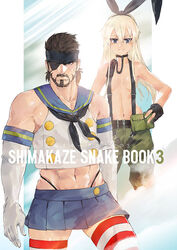  1boy abs bandana beard belt belt_pouch big_boss big_boss_(cosplay) black_bow black_eyes black_gloves black_panties blue_eyes blue_skirt bow breasts buckle character_name closed_mouth commentary_request cosplay costume_switch crop_top crossdressing crossover english_text eyepatch facial_hair female fingerless_gloves gloves hairband highleg highleg_panties ikuyoan kantai_collection long_hair looking_at_viewer metal_gear_(series) metal_gear_solid_3:_snake_eater midriff miniskirt moustache navel no_shirt panties pleated_skirt pouch school_uniform serafuku shimakaze_(kancolle) shimakaze_(kancolle)_(cosplay) skirt sleeveless small_breasts smile striped_clothes striped_thighhighs suspenders text_focus thighhighs underwear white_gloves zettai_ryouiki 