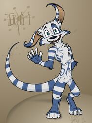  3:4 anthro blue_eyes blue_markings crux digitigrade gesture happy long_tail low_res male markings skinny solo stripes stuffed_fox tail tuqiri waving 