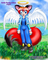  angel anthro biped blue_eyes canid canine clothing detailed_background digital_media_(artwork) feathered_wings feathers fox fur hair halo jamesfoxbr looking_at_viewer male mammal multi_tail open_mouth outside red_hair shaded short_hair sky solo standing tail uriel wings young young_anthro young_male 