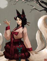  \||/ ahri_(league_of_legends) alternate_hair_length alternate_hairstyle animal_ears black_hair bow braid bubble_skirt bug butterfly cherry_blossoms cowboy_shot dynasty_ahri ear_ribbon facial_mark female fingernails flower fox_ears fox_tail french_braid from_side hair_ornament hair_stick hairbow hand_up korean_clothes league_of_legends lips long_fingernails long_sleeves multiple_tails nail_polish neo-tk.. nose official_alternate_costume parted_bangs pink_flower ribbon short_hair sidelocks skirt solo swept_bangs tail tassel tree whisker_markings yellow_eyes 