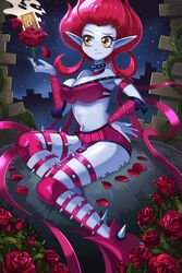  blue_skin bracer breasts card choker cleavage collar colored_skin evelynn_(league_of_legends) facial_mark female flower forehead_mark garter_straps hand_on_own_hip harness knee_pads large_breasts league_of_legends miniskirt navel neo-tk.. pointy_ears ribbon_choker rose short_hair sitting skirt smile solo spiked_collar spikes strap_slip yellow_eyes 