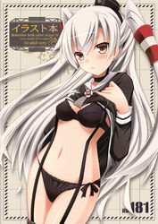  amatsukaze_(kancolle) black_bra black_panties black_ribbon blush bra breasts brown_eyes buttons cleavage clothes_lift comiket_86 commentary_request cover cover_page doujin_cover english_text engrish_text female garter_straps groin hair_ornament headgear highres kantai_collection long_hair long_sleeves navel panties photoshop_(medium) ranguage rensouhou-kun ribbon sailor_collar shirt_lift small_breasts solo two_side_up underwear usaginezumi very_long_hair white_hair 