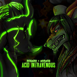  1:1 adraen_(renard) album_cover ambiguous_gender avoid_posting bioluminescence black_hair bodily_fluids canid canine caption clothing cover disc_jockey dragon dreadlocks facial_hair facial_markings fox glowing glowing_eyes goatee green_eyes hair head_markings horn lapfox_trax male mammal markings mythological_creature mythological_scalie mythology nurse psurg red_eyes renard_(disambiguation) romantic romantic_ambiance romantic_couple saliva scalie snarling squeedgemonster teeth uniform 