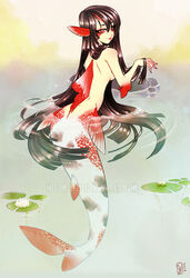  animal_ears black_hair breasts commentary_request completely_nude female fins from_behind head_fins kneeless_mermaid koi lily_pad lips long_hair medium_breasts mermaid monster_girl neolucky nude original partially_submerged photoshop_(medium) pond red_eyes sideboob solo very_long_hair watermark web_address 