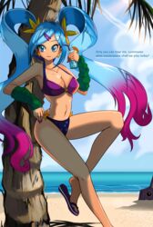  against_tree aqua_hair arcade_sona arm_warmers beach bikini blue_eyes breasts cleavage day drink earrings english_text female flip-flops gradient_hair hair_ornament hairclip jewelry large_breasts league_of_legends long_hair multicolored_hair nail_polish navel neo-tk.. ocean outdoors palm_tree pink_hair sandals solo sona_(league_of_legends) star_(symbol) star_earrings swimsuit toes tree twintails very_long_hair 