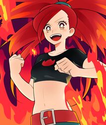  babydoll_t-shirt belt blush bright_pupils clenched_hands commentary_request crop_top cropped_shirt denim female fire flannery_(pokemon) jeans long_hair midriff navel open_mouth orange_eyes pants pokemon pokemon_rse ponytail red_hair red_theme short_sleeves smile solo ucchii 