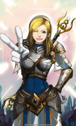  ;) armor blonde_hair blue_eyes bodysuit boobplate bracer breastplate capelet contrapposto earrings faulds female foreshortening gloves hairband hand_on_own_hip jewelry league_of_legends lips long_hair lux_(league_of_legends) neo-tk.. one_eye_closed pauldrons shoulder_armor smile solo standing v white_gloves 