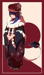  alternate_costume animal_print bad_id bad_twitter_id bird_print blue_hair closed_eyes closed_mouth commentary_request doremy_sweet female flower full_body hat hat_flower highres japanese_clothes kimono long_hair long_sleeves pom_pom_(clothes) red_flower red_hat sandals shishi_osamu solo standing tabi tail tapir_tail touhou white_legwear wide_sleeves 