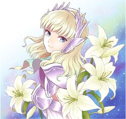  armor blonde_hair blue_eyes closed_mouth delphinus_mii female floating_hair flower from_side hairband head_tilt lily_(flower) lisa_(lisa_lisa_life) long_hair looking_at_viewer pauldrons saint_seiya saint_seiya_saintia_sho shoulder_armor smile solo upper_body white_flower white_hairband 