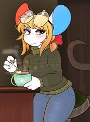  absurd_res animal_crossing anthro beverage big_glasses blue_inner_ear blush clothing container cup eyewear eyewear_on_head female furniture glasses glasses_on_head hi_res looking_at_viewer mammal mouse mug murid murine nintendo petri_(animal_crossing) red_inner_ear rodent round_glasses sapphys sitting solo steam stool sweater tea tea_bag topwear 