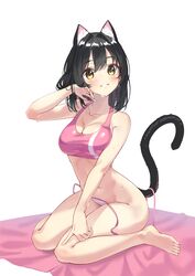  absurdres animal_ear_fluff animal_ears arm_up bare_arms bare_shoulders barefoot black_hair black_tail blush bra breasts cat_ears cat_girl cat_tail cleavage collarbone female grin highres kimyo large_breasts looking_at_viewer medium_hair navel original panties pink_bra pink_panties side-tie_panties simple_background sitting smile solo string_panties sweat tail tail_raised thighs toes underwear untied_panties wariza white_background yellow_eyes 