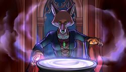  anthro canid canine castle cauldron emerald_(gem) female focused fog fox gem gown green_eyes hi_res jarts jewelry magic mammal medieval night pawpads pendant silva_vernalis solo story story_in_description tales_from_valmeridia witchcraft 