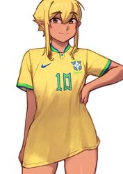  2022_fifa_world_cup absurdres arm_at_side blonde_hair brazil brown_eyes commentary cowboy_shot dark-skinned_female dark_skin elf elfheim english_commentary female hair_between_eyes hand_on_own_hip highres looking_at_viewer nil_sunna no_pants original pointy_ears shirt short_hair short_sleeves sidelocks simple_background smile solo sunna_(nilsunna) t-shirt white_background world_cup yellow_shirt 