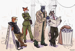  2021 absurd_res anthro bag belt black_body black_fur blacksad bottomwear breasts brown_body brown_fur canid canine cigarette cigarette_in_mouth clothed clothing coat crossed_arms crossover domestic_cat dress_shirt felid feline felis female footwear fox fur grey_body grey_fur group hat headgear headwear hi_res holding_lighter holding_newspaper holding_object howard_lotor jacket jackiry john_blacksad ladder least_weasel lighter lighting_cigarette looking_at_another male mammal markings mustelid musteline necktie newspaper object_in_mouth pants procyonid raccoon reading reading_newspaper red_body red_fur renee_wilson ring_(marking) ringed_tail shirt shoes signature smoking smoking_cigarette standing striped_markings striped_tail stripes tail tail_markings tails_noir topwear trash_can trenchcoat true_musteline weasel weekly 