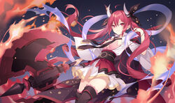  axe blush breasts cleavage commentary_request cowboy_shot date_a_live demon_horns dress female fire holding holding_weapon horns itsuka_kotori long_hair looking_at_viewer medium_breasts no_panties oversized_object red_eyes red_hair rie_(reverie) smile solo twintails weapon zettai_ryouiki 