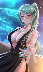  ;) alternate_costume anniversary black_dress blurry blurry_background blurry_foreground breasts chest_jewel cleavage collarbone dress dress_flower evening_gown female flower green_eyes green_flower green_hair green_rose highres large_breasts long_hair looking_at_viewer mebi_il night night_sky one_eye_closed outstretched_arm parted_lips pneuma_(xenoblade) ponytail reaching reaching_towards_viewer rose side_slit sky sleeveless sleeveless_dress smile solo star_(sky) starry_sky swept_bangs xenoblade_chronicles_(series) xenoblade_chronicles_2 