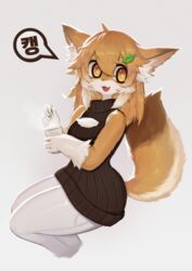  absurdres animal_ears cup english_commentary female fox_girl furry furry_female highres holding holding_cup korean_text open_mouth solo uyu_(soda_uyu) yellow_eyes 