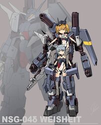  absurdres assault_visor blonde_hair blue_eyes blue_hair brown_eyes clenched_hands exoskeleton flat_chest frame_arms frame_arms_girl grey_legwear hair_ornament hairclip head_tilt highres leotard mecha mecha_musume personification projected_inset robot sadamatsu_ryuuichi see-through see-through_leotard short_hair smile thighhighs twintails weisheit_(frame_arms) 