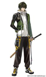  1boy ahoge black_hair closed_mouth commentary_request copyright_name copyright_notice full_body goggles green_jacket hair_over_eyes highres hood hooded_jacket jacket kuwana_gou_(touken_ranbu) layered_clothes male_focus nitaka_(fujikichi) official_art shoes simple_background sneakers solo touken_ranbu white_background white_jacket 