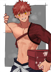  1boy abs blush breath chinese_commentary commentary emiya_shirou fate/grand_order fate_(series) highres holding igote japanese_clothes large_pectorals male_focus muscular muscular_male navel nipples orange_hair pectorals photoshop_(medium) senji_muramasa_(fate) simple_background smile solo sweatdrop topless_male upper_body yaowu yellow_eyes 