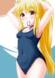  armpits arms_up bare_arms bare_shoulders blonde_hair blue_one-piece_swimsuit bocchi_the_rock! breasts cleavage closed_mouth collarbone commentary_request covered_navel cowboy_shot female groin hair_tie_in_mouth highres ijichi_nijika kaze_makase long_hair looking_at_viewer mouth_hold one-piece_swimsuit ponytail school_swimsuit small_breasts smile solo standing swimsuit tying_hair very_long_hair 