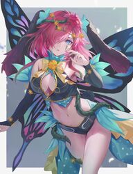  blue_eyes breasts butterfly_wings cleavage cleavage_cutout clothing_cutout commission facial_mark fairy_wings female fire_emblem fire_emblem_heroes flower hair_flower hair_ornament hair_over_one_eye hair_vines highres insect_wings kiriyama2109 long_hair navel official_alternate_costume one_eye_covered pink_hair sideboob skeb_commission solo thorns triandra_(fire_emblem) triandra_(spring)_(fire_emblem) wings 