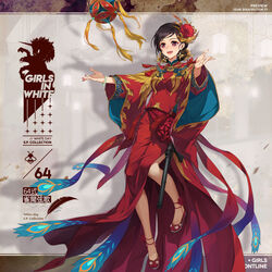  bad_link bracelet breasts brown_hair character_name chilunchilun china_dress chinese_clothes copyright_name dress dress_flower earrings female flower girls&#039;_frontline gun hair_flower hair_ornament highres holding holding_weapon jewelry jumping lips long_hair looking_at_viewer medium_breasts nail_polish official_alternate_costume official_art open_mouth outstretched_arms promotional_art purple_eyes red_dress red_footwear red_nails smile solo submachine_gun type_64_(girls&#039;_frontline) type_64_(phoenix_melody)_(girls&#039;_frontline) type_64_smg weapon 