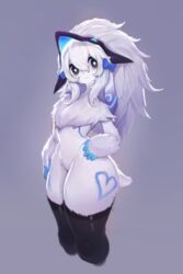  absurdres animal_ears black_eyes black_thighhighs blue_bow blue_nails body_fur body_markings bow claws closed_mouth cropped_legs female furry furry_female grey_fur grey_hair hair_between_eyes hairbow heart highres kindred_(league_of_legends) lamb_(league_of_legends) league_of_legends long_hair looking_at_viewer mask mask_on_head multicolored_hair nail_polish sheep_ears sheep_tail smile tail thighhighs two-tone_hair uyu_(soda_uyu) 