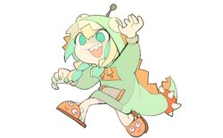  :d amano_pikamee blonde_hair claw_pose commentary dinosaur_hood female full_body green_eyes green_hair green_nails highres hood hoodie jacket multicolored_hair nail_polish official_alternate_costume open_mouth sharp_teeth simple_background slippers smile solo teeth temmie_chang two-tone_hair virtual_youtuber voms white_background 