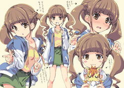  :3 :d :o animal belt blue_hoodie blush blush_stickers breasts brown_eyes brown_hair chestnut_mouth closed_mouth collarbone commentary_request cropped_arms cropped_torso drill_hair embarrassed female finger_gun green_belt green_skirt grin hands_up healin&#039;_good_precure healing_animal healing_wand hiramitsu_hinata holding holding_animal homing_(areya) hood hoodie long_sleeves looking_at_viewer multiple_views nose_blush nyatoran_(precure) open_clothes open_hoodie open_mouth pose precure shirt simple_background skirt sleeves_past_wrists small_breasts smile translation_request twin_drills twintails upper_body white_sleeves yellow_background yellow_shirt 