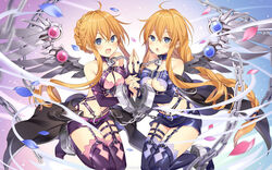  2girls :o between_breasts blush boots braid braided_bun braided_ponytail breasts chains cleavage commentary_request cowboy_shot cuffs date_a_live drill_hair hair_bun holding_hands looking_at_viewer mechanical_wings medium_breasts multiple_girls open_mouth orange_hair revealing_clothes rie_(reverie) ringlets shackles short_shorts shorts siblings sisters smile sports_bikini thigh_boots twin_drills twins twintails wings yamai_kaguya yamai_yuzuru 