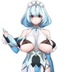  bad_id bad_pixiv_id bare_shoulders blood blood_on_face blue_hair bob_cut breasts commentary crazy_eyes detached_sleeves dress expressionless female hair_between_eyes highres icicle kbn317 korean_commentary large_breasts last_origin light_blue_hair looking_at_viewer maid_headdress red_eyes shaded_face short_hair simple_background solo titania_frost underboob white_background 