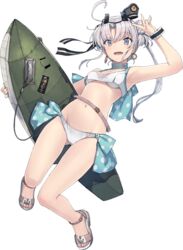  :d ahoge akitsushima_(kancolle) akitsushima_(swimsuit_mode)_(kancolle) arm_up armpits ass_visible_through_thighs back_bow bare_legs belt bikini black_hat black_ribbon blue_bow blue_choker blush bow breasts choker crossed_bangs drop_earrings earrings eyewear_on_head female fishnets full_body grey_hair groin hair_between_eyes hair_bun happy hat holding holding_surfboard jewelry kantai_collection large_bow long_hair looking_at_viewer loose_belt mini_hat navel nishikitaitei-chan official_alternate_costume official_art open_mouth parted_bangs pink_nails polka_dot polka_dot_bow purple_eyes ribbon sandals shizuma_yoshinori side_ponytail sidelocks single_side_bun small_breasts smile solo striped striped_ribbon sunglasses surfboard surfboard_leash swimsuit teeth thighs toes transparent_background upper_teeth_only w white_bikini white_footwear white_ribbon wrist_cuffs |_| 