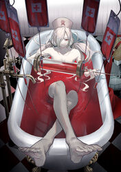  absurdres bare_shoulders barefoot bath bath_of_blood bathing bathtub binbougami_ga! blood blood_bag checkered_floor claw_foot_bathtub closed_mouth collarbone commentary convenient_censoring crossed_legs facing_viewer faucet feet female fishnet_pantyhose fishnets from_above full_body hair_over_one_eye hair_tie hat highres holding holding_syringe indoors large_syringe long_bangs long_hair lying_on_water matsuura_kento momiji_(binbougami_ga!) no_shoes nurse_cap one_eye_covered oversized_object pale_skin pantyhose partially_submerged red_eyes reflection shadow smile solo syringe twintails vampire white_hair 