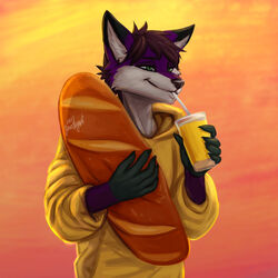  1:1 anthro beverage bread brown_hair canid canine clothing dipstick_ears drinking ear_markings food fox fur gloves_(marking) green_eyes hair hi_res holding_food holding_object hoodie inner_ear_fluff loaf male mammal markings multicolored_body multicolored_ears multicolored_fur orange_sky outside purple_body purple_fur satisfied sky solo topwear tuft two_tone_body two_tone_fur white_body white_fur youraugust 