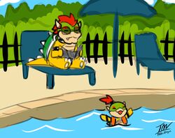  2020 absurd_res anthro beach_chair bowser bowser_jr. bracelet closed_eyes collar duo eyewear fence happy hi_res jewelry koopa life_jacket male mario_bros nintendo outside prate scalie signature sitting smile spiked_bracelet spikes sunbathing sunglasses swimming swimming_pool tanning_mirror umbrella water 