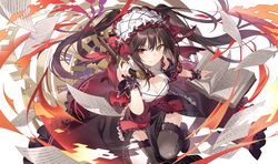  action black_footwear bonnet book breasts brown_hair cleavage clock_eyes closed_mouth commentary_request cowboy_shot date_a_live dress female finger_on_trigger fire fishnet_thighhighs fishnets floating_hair garter_straps gun hand_up handgun heterochromia holding holding_gun holding_weapon large_breasts long_hair looking_at_viewer pages red_eyes rie_(reverie) smile solo symbol-shaped_pupils thighhighs tokisaki_kurumi twintails weapon wind wrist_cuffs yellow_eyes zettai_ryouiki 