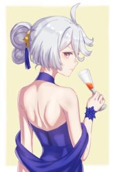  absurdres ahoge back backless_dress backless_outfit bare_shoulders blue_dress border closed_mouth commentary_request cup double_bun dress drinking_glass female from_behind grey_eyes grey_hair gundam gundam_suisei_no_majo hair_between_eyes hair_bun hair_ornament halter_dress halterneck highres holding holding_cup looking_at_viewer looking_back miorine_rembran nonoa-cg outside_border solo turning_head upper_body white_border wrist_flower 