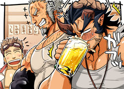  3boys amatsumara_(housamo) bara beard beer_mug blue_hair blush body_hair broken_horn cup dark_blue_hair demon_boy demon_horns facial_hair fiery_horns grey_hair horns jewelry kajiya_kurogane large_pectorals long_sideburns male_focus mature_male mug multiple_boys muscular muscular_male necklace oerba_yun_fang old old_man pectoral_cleavage pectorals scar sideburns simple_background stubble sugo6969 takemaru_(housamo) tank_top thick_eyebrows tokyo_afterschool_summoners upper_body 