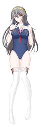  absurdres alternate_costume alternate_footwear bad_id bad_pixiv_id black_hair blue_one-piece_swimsuit blue_sailor_collar boots breasts brown_eyes co-de collarbone commentary_request covered_navel dakimakura_(medium) female from_above full_body hair_between_eyes hairband hands_on_own_chest haruna_(kancolle) highres jewelry kantai_collection long_hair looking_at_viewer lying medium_breasts nontraditional_school_swimsuit on_back one-piece_swimsuit ring sailor_collar school_swimsuit simple_background solo swimsuit thigh_boots thighhighs wedding_ring white_background white_footwear 