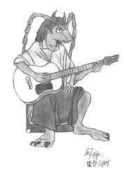  2004 antennae_(anatomy) anthro arthropod clothing divdurvart dragon guitar hair horn hybrid insects long_hair male monochrome musical_instrument mythological_creature mythological_scalie mythology playing_guitar playing_music plucked_string_instrument scalie solo string_instrument 