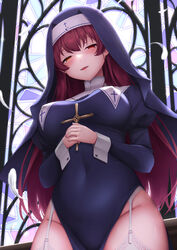  absurdres blue_dress blush breasts covered_navel dress female garter_straps habit heterochromia highres hololive houshou_marine houshou_marine_(nun) large_breasts long_hair looking_at_viewer nun open_mouth red_eyes red_hair thighhighs tousaki_(tousakiworks) virtual_youtuber white_garter_straps white_thighhighs yellow_eyes 