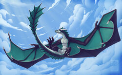  2021 aevere_(anotherpersons129) ambiguous_gender blue_sky claws cloud countershade_crotch countershade_face countershade_legs countershade_neck countershade_tail countershade_torso countershading dark_body day detailed_background digital_media_(artwork) dragon european_mythology featureless_chest featureless_crotch feet feral green_membrane green_wings hi_res hindpaw horn keltaan light light_beam membrane_(anatomy) membranous_wings mythological_creature mythological_scalie mythology outside pawpads paws purple_body scalie shaded sky solo spines sunbeam sunlight tail western_dragon white_body white_countershading wings wyvern 