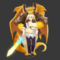  1:1 2020 5_fingers barefoot blonde_hair brown_eyes clothed clothing coat_cape dragon duo feet fingers footwear hair hi_res holding_melee_weapon holding_object holding_sword holding_weapon horn hug hugging_another hugging_from_behind human humanoid_hands kemohero123 larger_male lifewonders male male/male mammal melee_weapon membrane_(anatomy) membranous_wings mythological_creature mythological_scalie mythology one_eye_closed open_clothing open_shirt open_topwear ophion_(tas) red_eyes scales scalie shirt shoes size_difference size_play smaller_human smaller_male spikes sword tail tan_body tan_scales tokyo_afterschool_summoners topwear weapon wings yellow_body yellow_scales 